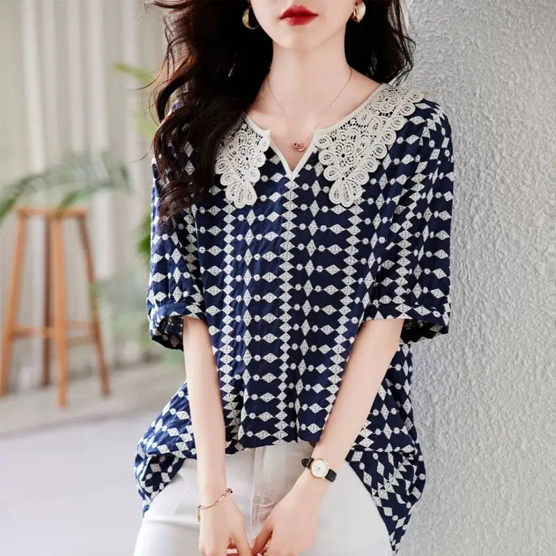 Blusa de manga curta estampada vintage feminina, camisa com gola Peter Pan, roupas de renda doce, casual, deslocamento, solta, moda, verão, 2024