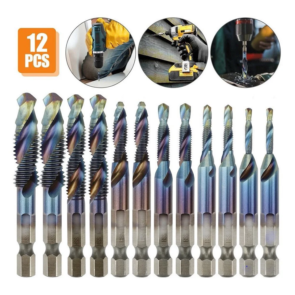 

T50 12PCS 1/4" HSS Hex Shank Titanium Plated Screw Thread Drill Bits Set M3-M10 For Iron Metal Wood Plastic Drilling And Tapping