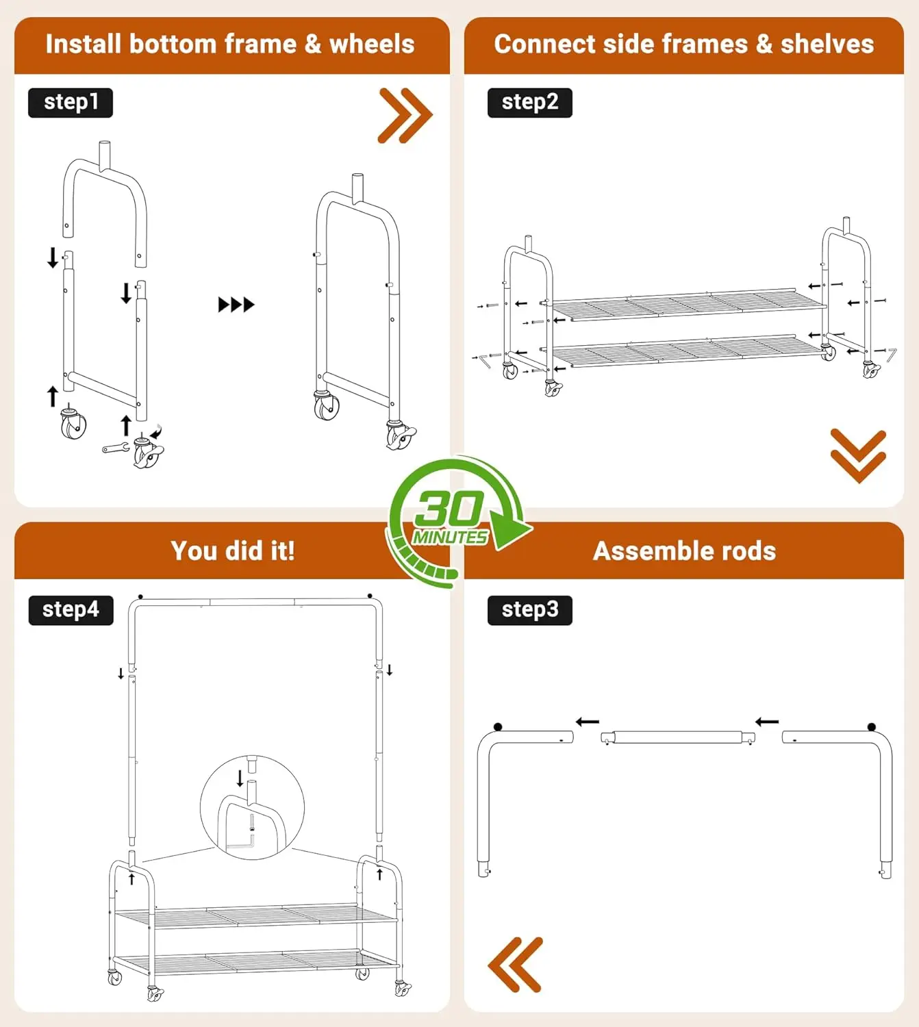 Heavy Duty Clothes Rack with Shelves, 46.5'' Metal Rolling Clothing Racks for Hanging Clothes, Wardrobe Garment Rack with Loc