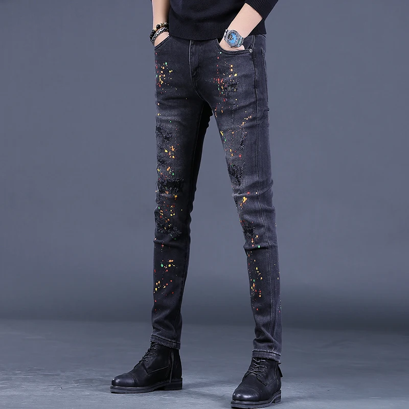 Dots Printed Ripped Black Jeans Men Autumn Gray Black Slim Fit Straight Pants Streetwear Casual Stretch Denim Trousers