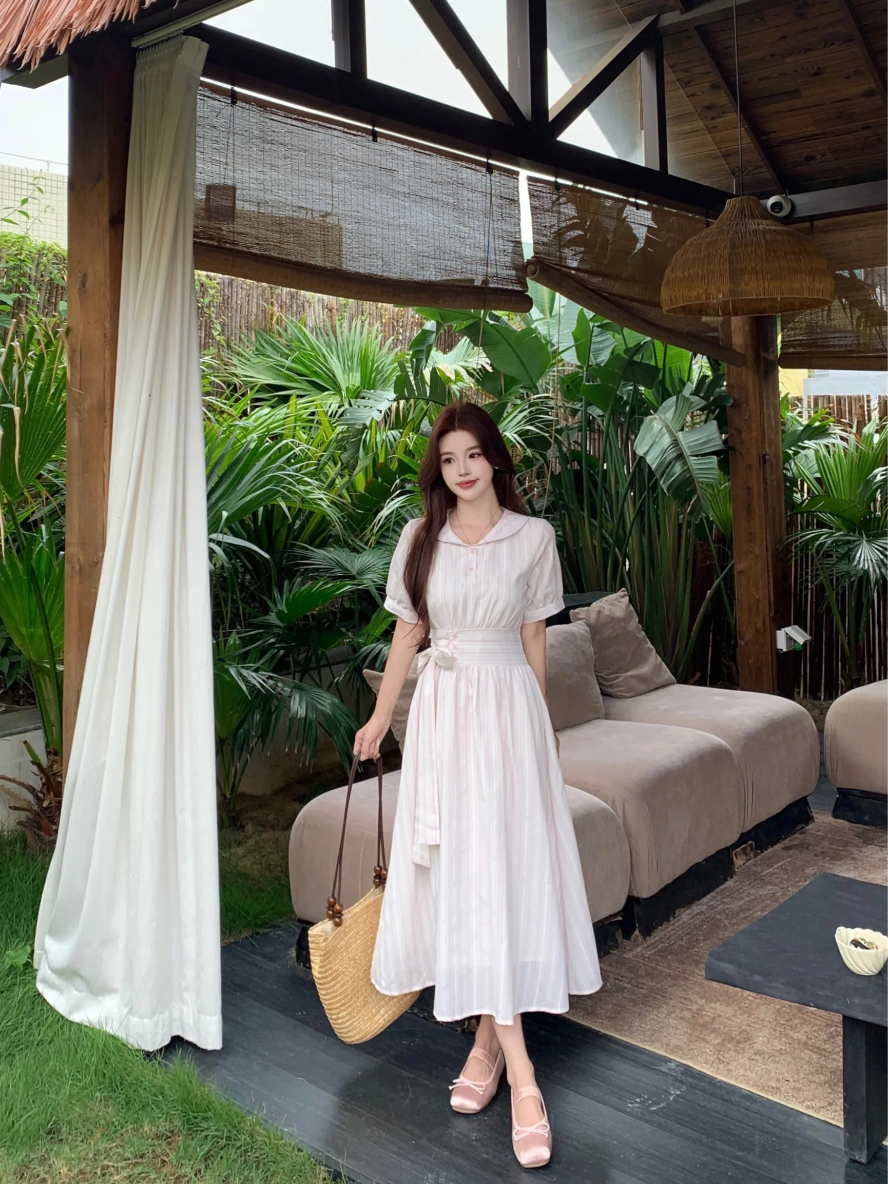 

plus Size College Style Dress Pink Doll Collar Slimming Long Skirt Breathable Summer Fashion for plus Size Women Knot