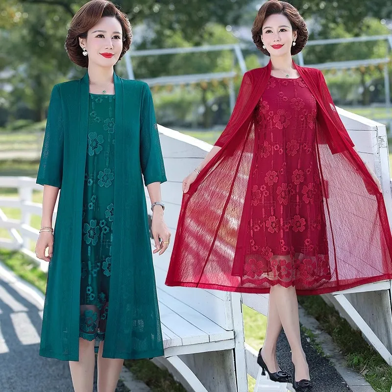 Mom's Mid Length Fake Two-Piece Dress With 3/4 Sleeves For Middle-Aged And Elderly Women Summer Hollowed Out Embroidered Dresses