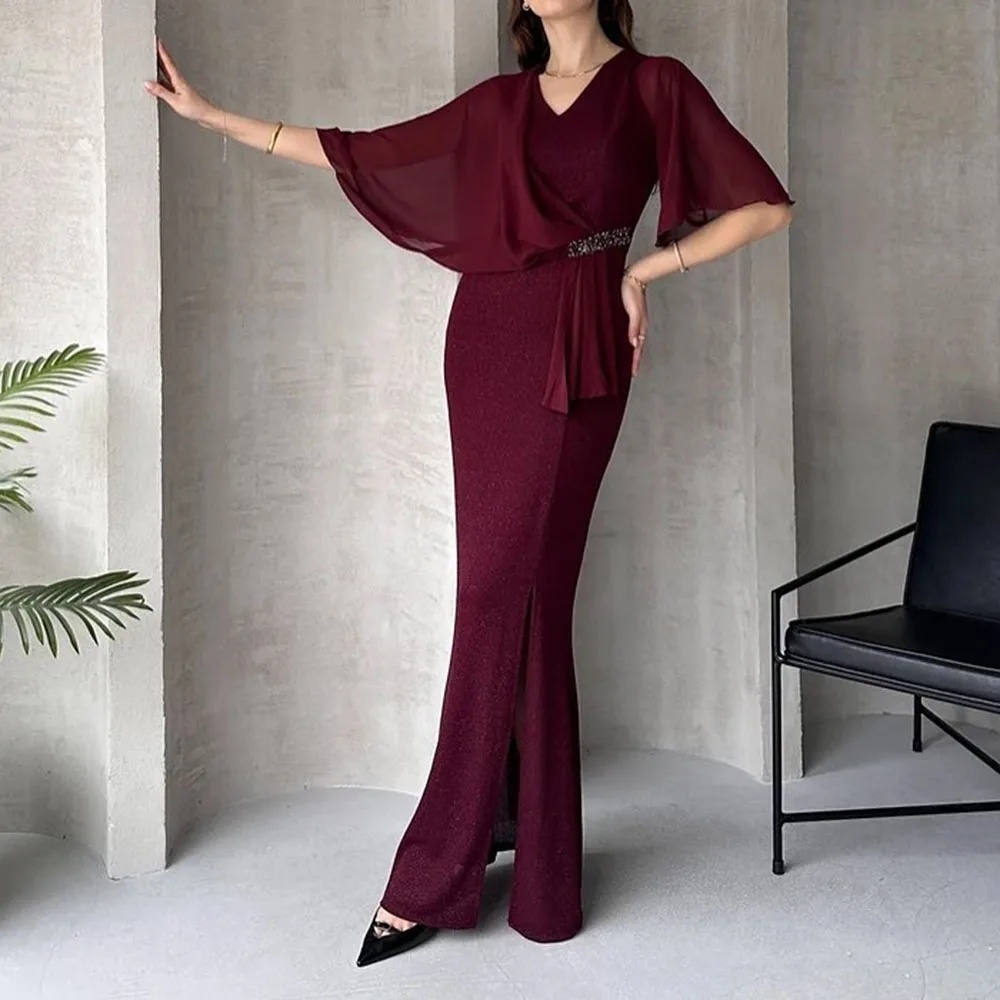 فساتين سهرة مخصصة على شكل حرف a طول الأرض ورقبة على شكل حرف v نصف كم فستان حفلات موضة مطرزة بفتحة جانبية ثنيات للحفلات