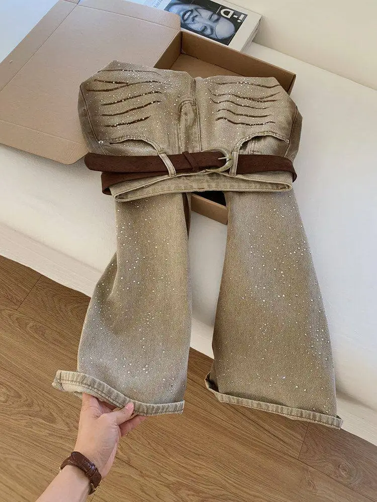 American Retro Khaki Starry Sky Star Diamond Wide Leg Jeans Women's Autumn New High Waist Straight Denim Pants Baggy Trousers