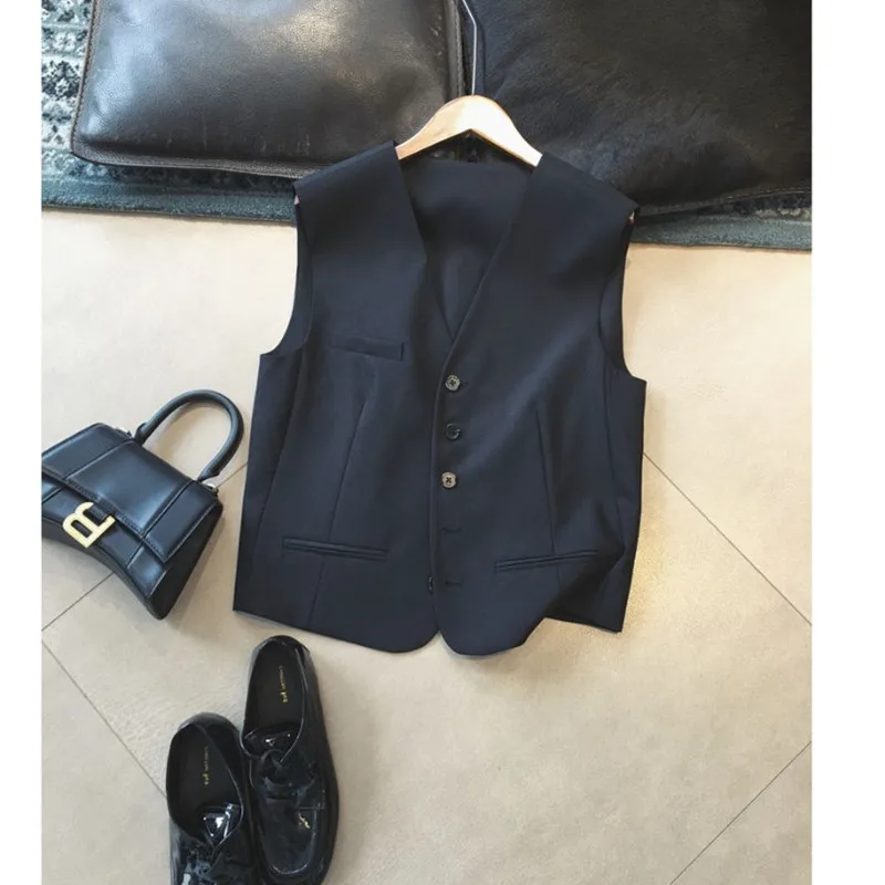 

Шерстяной женский жилет высокой плотности, простой пригородный джентльменский жилет из пряжи с v-образным вырезом, цвет застежки на одной пуговице