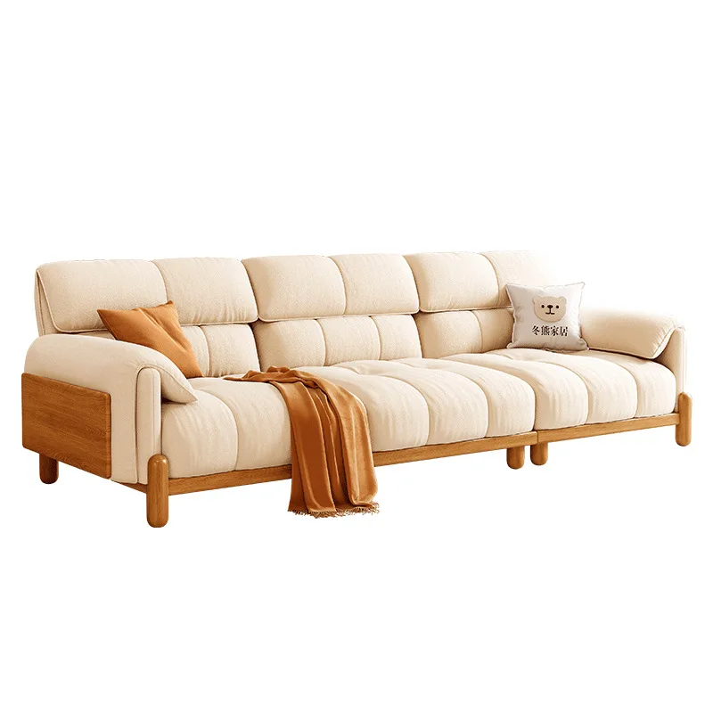 Nordic log style elephant ear sofa straight row small apartment fabric sofa living room solid wood sofa