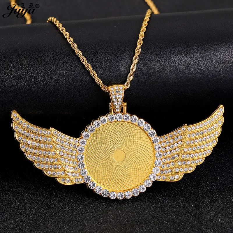 10PCS Wings Pendant Bases Bezels 25/30mm Cabochon Tray + 60cm Stainless Steel Chains Fit For DIY Hiphop Necklaces Jewelry