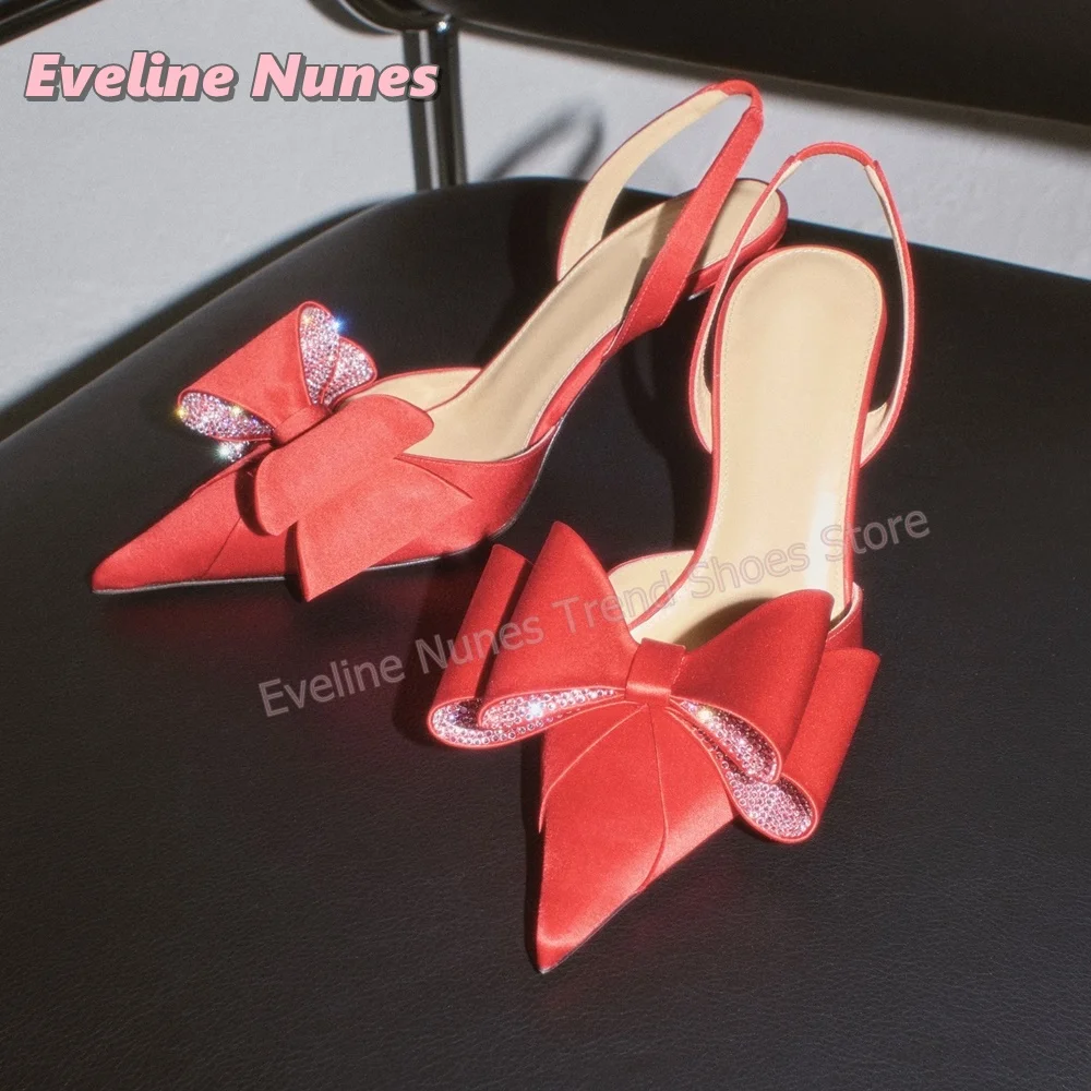 Red Satin Rhinestone Bow Slingback Sandals Pointed Toe Stiletto Shallow Patchwork Women Wedding Party Pumps 2026 Summer Trend