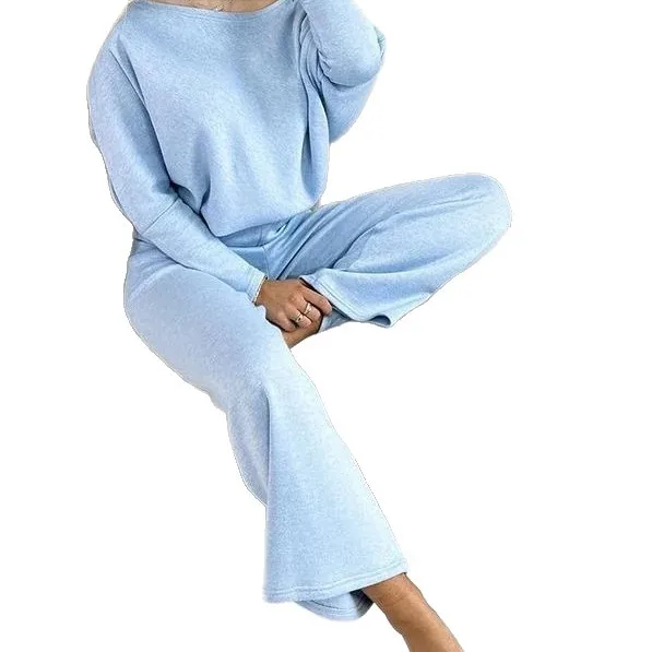 Новая женская футболка, комплект из 2 предметов, свободный модный спортивный костюм с круглым вырезом и рукавами «летучая мышь», удобный прямой женский брючный костюм с эластичной резинкой на талии