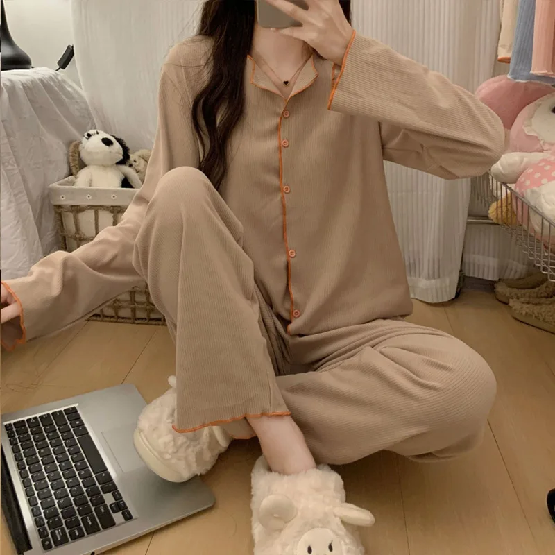 

New Home Wear 2 Piece Set Women's Pajamas Autumn Long Sleeve Sleepwear Clothing Female Pyjama Set Loose Loungewear Woman