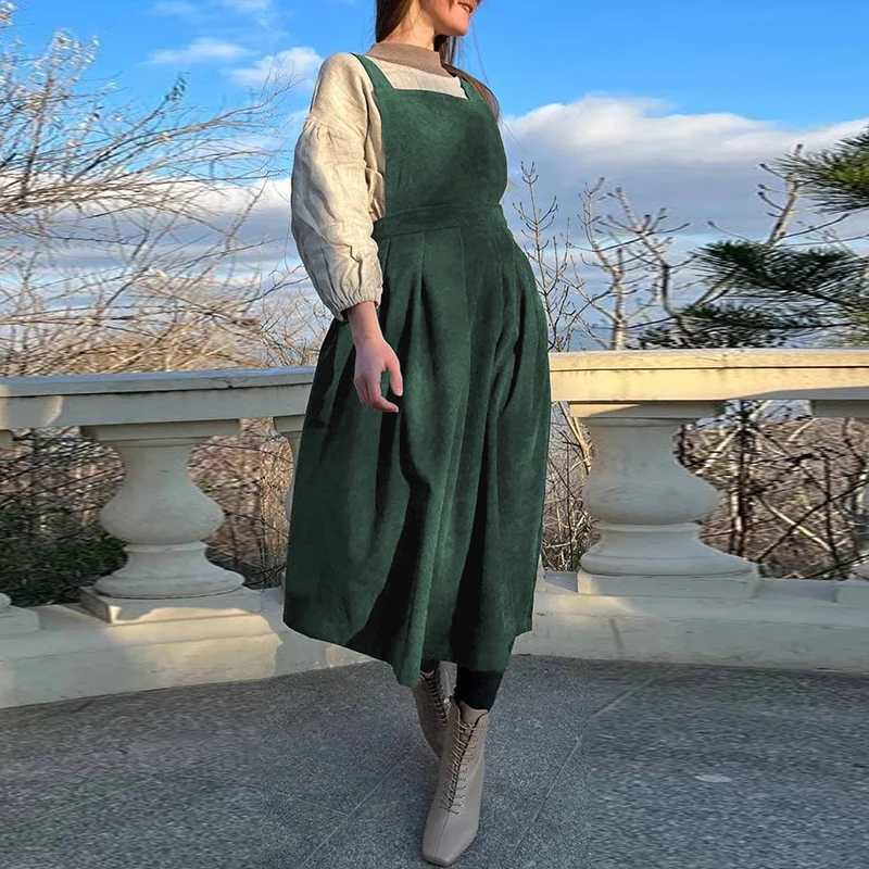 Corduroy Autumn Winter Dresses For Women Casual Solid Back Cross Elegant Midi Pinafore Dress Vinatge Overall One Piece Dress