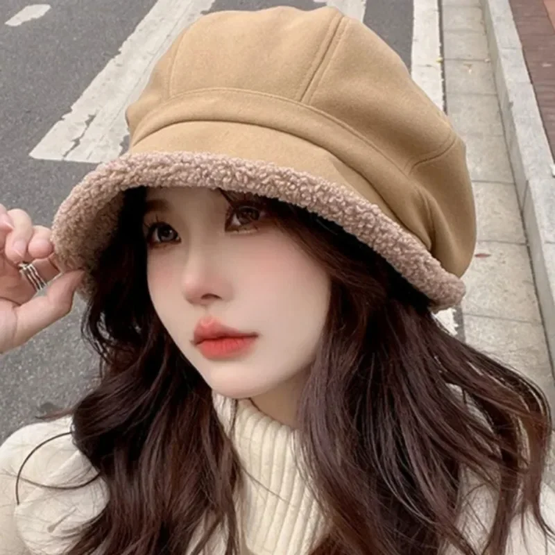 Retro Thickened Velvet Berets Women Enhance Aesthetic Sense Hat Girls Warm Thick Cap Large Octagonal Hats Winter Protective Caps