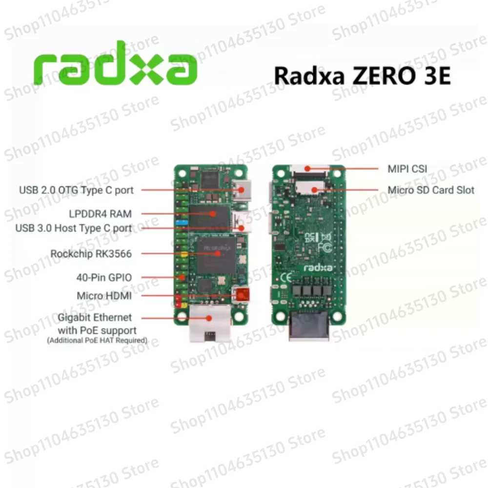 Radxa ZERO 3E 개발 보드, RK3566 쿼드 코어 CPU, 싱글 보드 컴퓨터 마더보드, GPU 지원