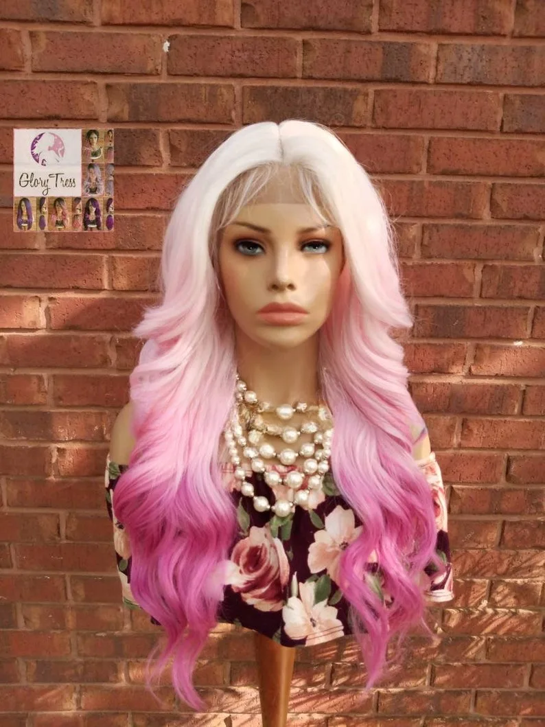 White And Pink Ombre Color Body Wave Lace Front Wig 13x4 Hd Transparent Lace Wigs Glueless Synthetic Cosplay On Clearance Sale