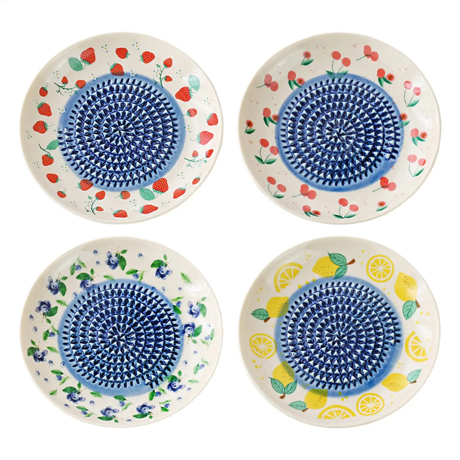 2 in 1 Garlic Grater Plate Ceramic Manual Round Fruit Patter Plate Garlic Grater Dish for Ginger Cheese Tomato Strawberry Fruit