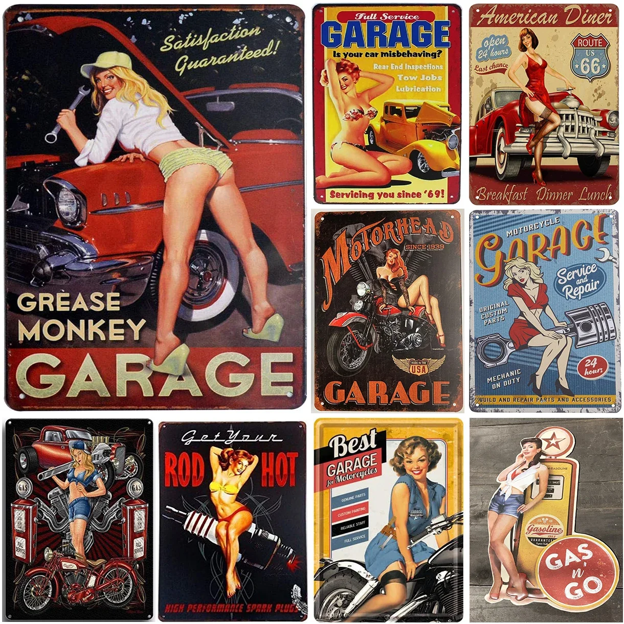 Pin-up Girls Gas Oil Station Motorcycle Full Service Greased Route 66 Auto Repair Metal Tin Signs Rural Vintage Garage Pub Bar