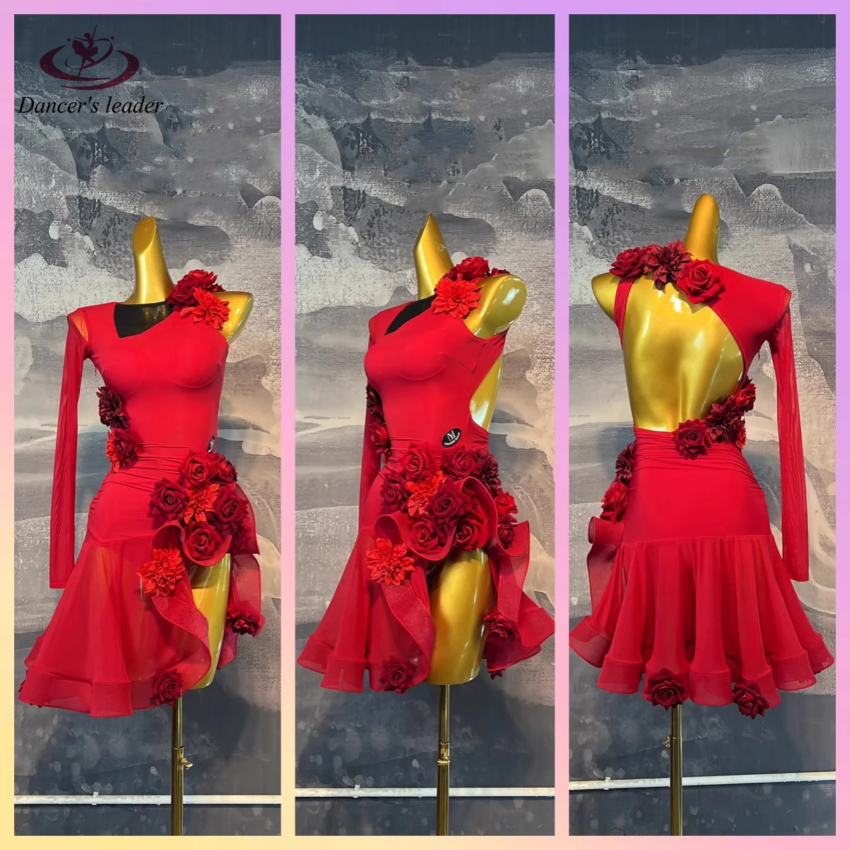 Latin Dance Competition Women's High end Customized Rose Series Heavy duty Big Skirt Tango Samba Performance Water Diamond Dress