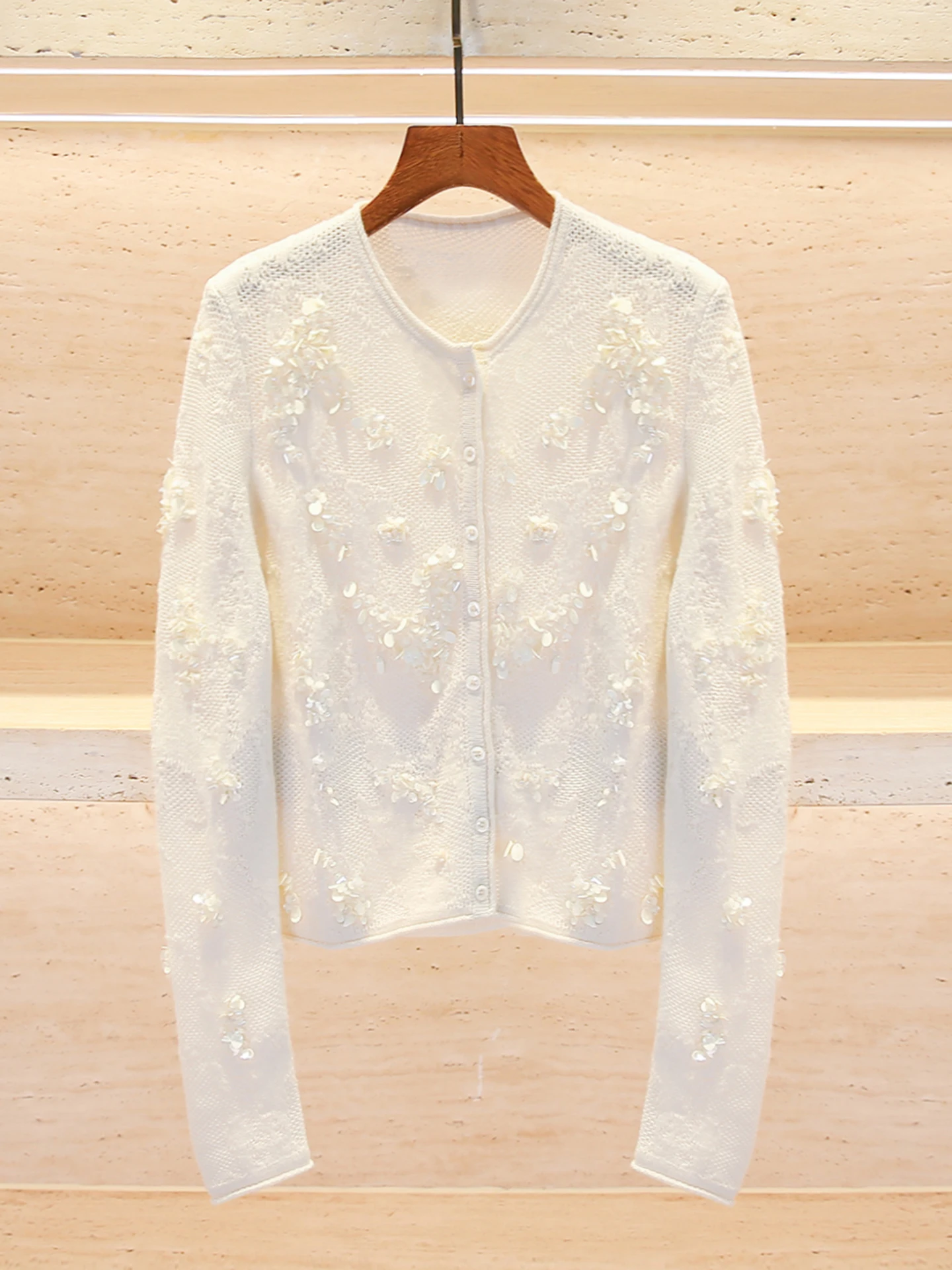 

Elegant Knitted Embroidered Hollow out Hook Flower Design Cardigan Top for Women Spring Summer Fashion Commute Style Regular Fit