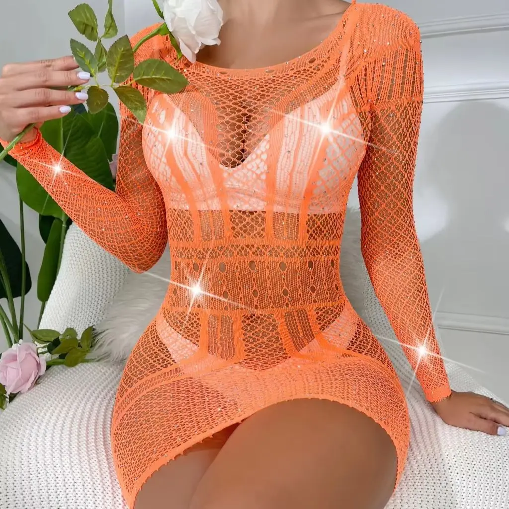 섹시한 긴팔 반짝이는 라인스톤 힙 스커트 원피스 섹시 네트수트 크리스탈 드레스 다이아몬드 바디스타킹 란제리