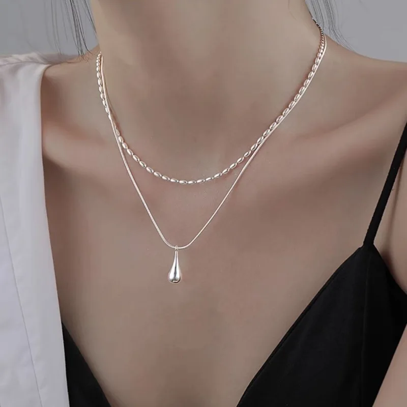 

Silver Simple Design Drop Pendant Necklace For Women Double Collar Chain Fashion Fine Jewelry Gifts Long Layered Necklace