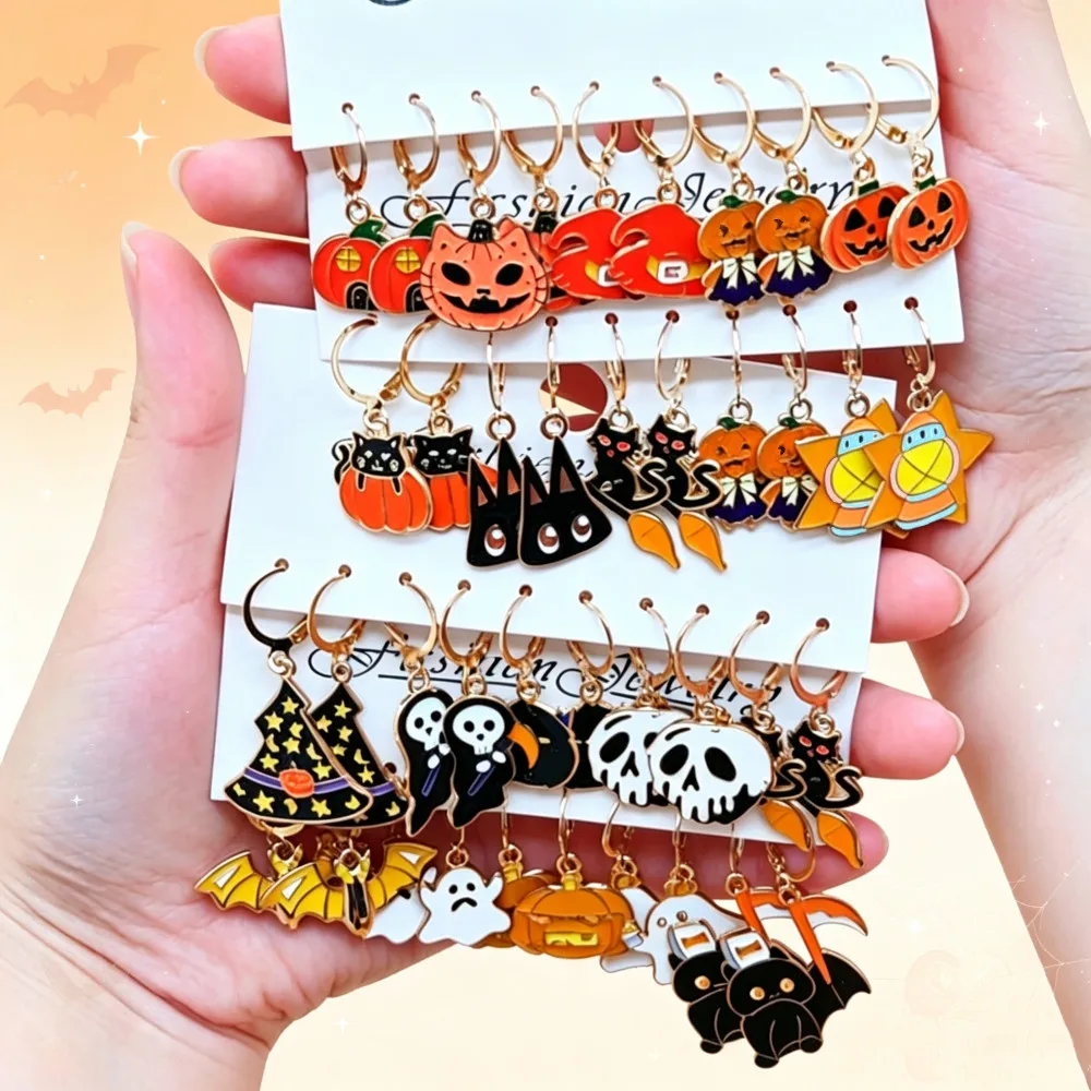 40PCS/20Pairs Halloween Enamel Dangle Earrings Pumpkin Witch Hat Ghost Black Cat Mummy Lantern Women Cosplay Party Fashion Gift