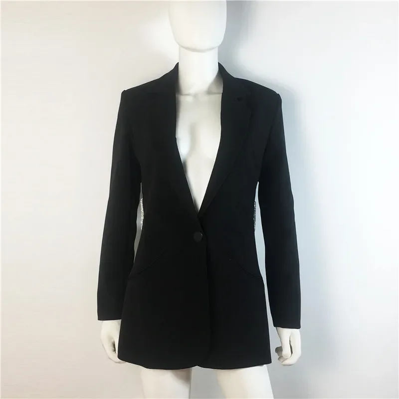 All Season New Fashion Runway Designer 2024 Office Women Notched Hollow Out Full Sleeve Backless Diamonds Black Blazer Odzież wierzchnia