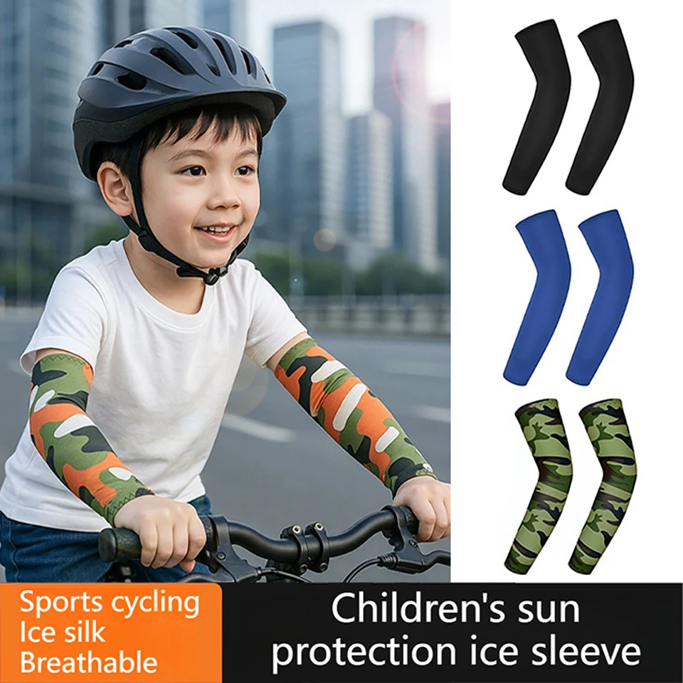 NOFOXO 1Pair Summer Boys Girls Ice Silk Arm Covers UV Protection Cooling Compression Sleeves Outdoor Sports Basketball Cycling