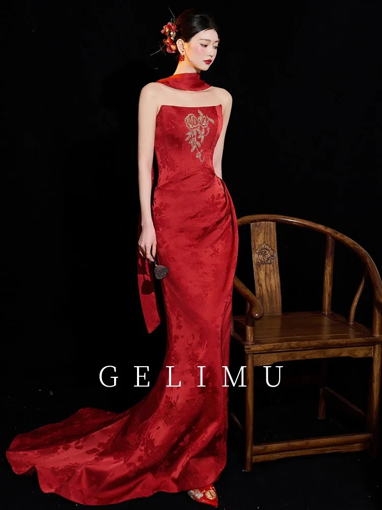 

Красное свадебное платье в новом китайском стиле для помолвки, вечернее платье с индивидуальным пошивом, модное, с завышенной талией