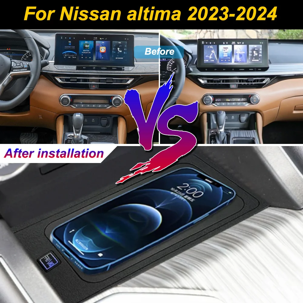 Carregador de celular sem fio 2Din para Nissan Altima 2023-2024, com compartimento de armazenamento no console central, placa de carregamento rápido d
