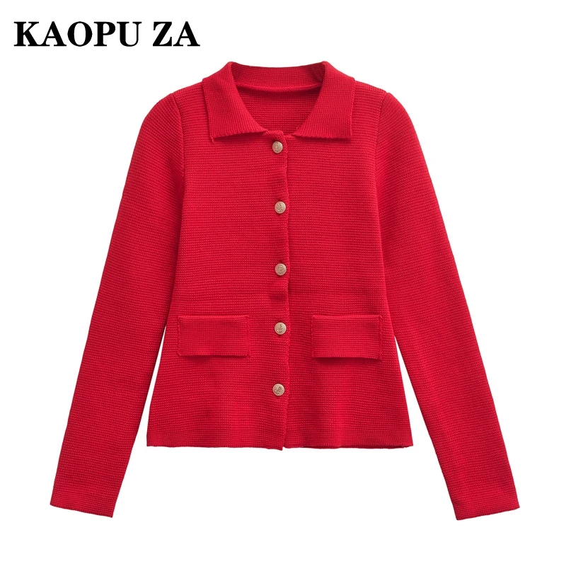 KAOPU ZA 2024 New Woman's Autumn Casual Knit Cardigan Female Vintage lapel Long Sleeve Solid Color Coat Gold Button Top Jacket