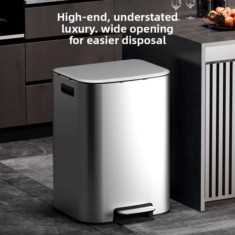Stainless Steel Garbage Bins Home Kitchen Trash Can with Foot Pedal high-end Waste Container for Hotel 60L Capacity Dustbins