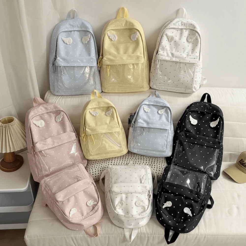 2 Sizes Polka Dot Backpack Polka Dot Pattern Large Capacity School Daypack Transparent Pocket Angel Wings Backpack for Girls