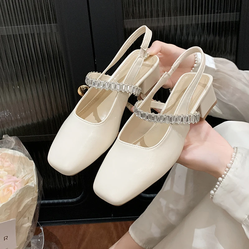 

Champagne Color Rhinestone Mary Jane Sandals Comfortable Low Heel Women's Slippers Casual Faion Toe Open Design for Summer 2025