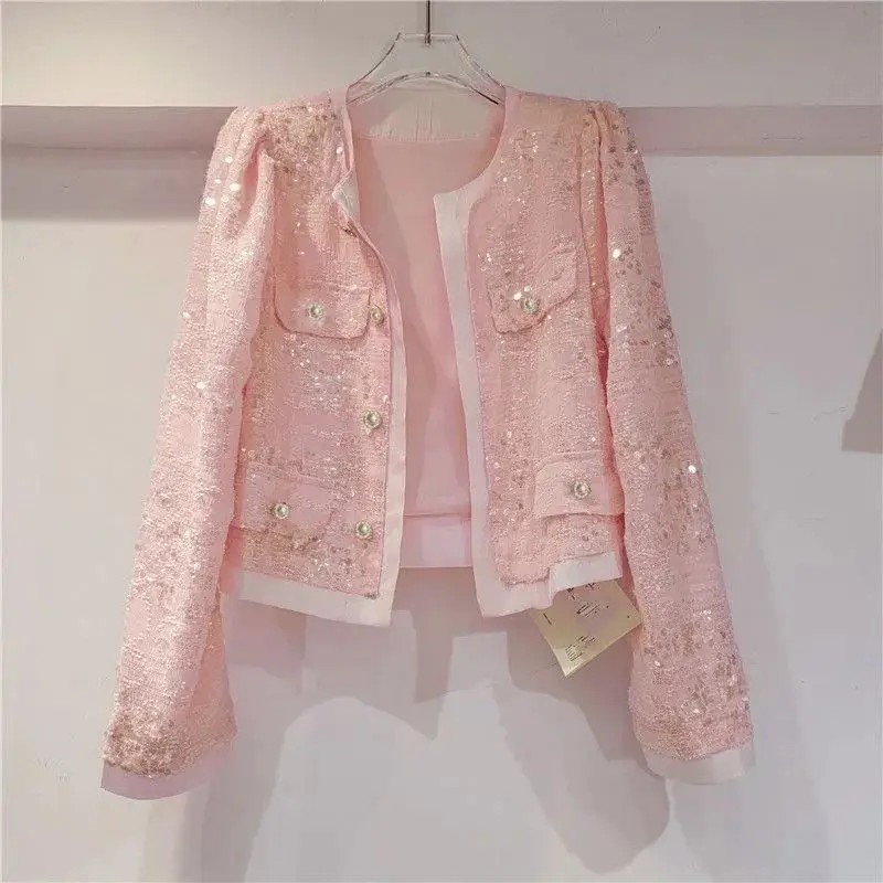 Women's Clothing Outerwear Cardigan Sequins Coat Spring Long Sleeves Stylish Socialite Coat Outerwear Cardigan Versatile Sequins