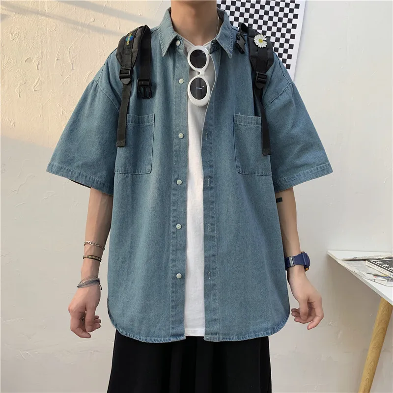 Camisa denim manga curta masculina, streetwear de harajuku, tops com bolsos de botão, casacos largos vintage masculinos, camisas de casal jean, verão, 2022