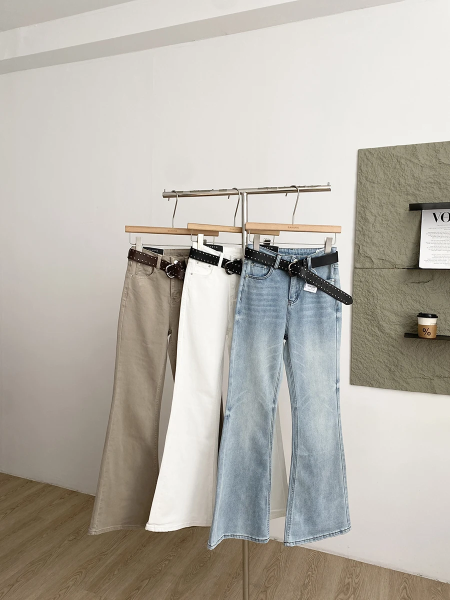 

Корейские джинсы-клеш с высокой талией, облегающие, эластичные, для повседневной носки, женские, зауженные, из полиэфирного волокна