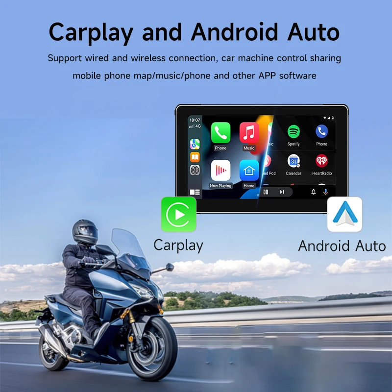 شاشة ملاحة للدراجات النارية مقاس 7 بوصات، Ipx 6، 1024 × 600، شاشة أوتوماتيكية لاسلكية، Android، Apple Carplay