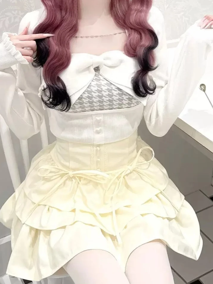 Pale Yellow Cake Skirt 2026 New Elastic High-waisted Bow Lace-up Cake Skirt Culottes Japanese Sweet A-line Skirts
