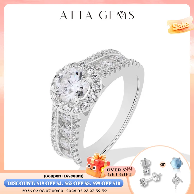 

ATTAGEMS Round Cut 1.0CT Moissanite Ring 6.5mm VVS1 Diamond for Women S925 Silver Engagement Bride Jewelry Gift With Certificate