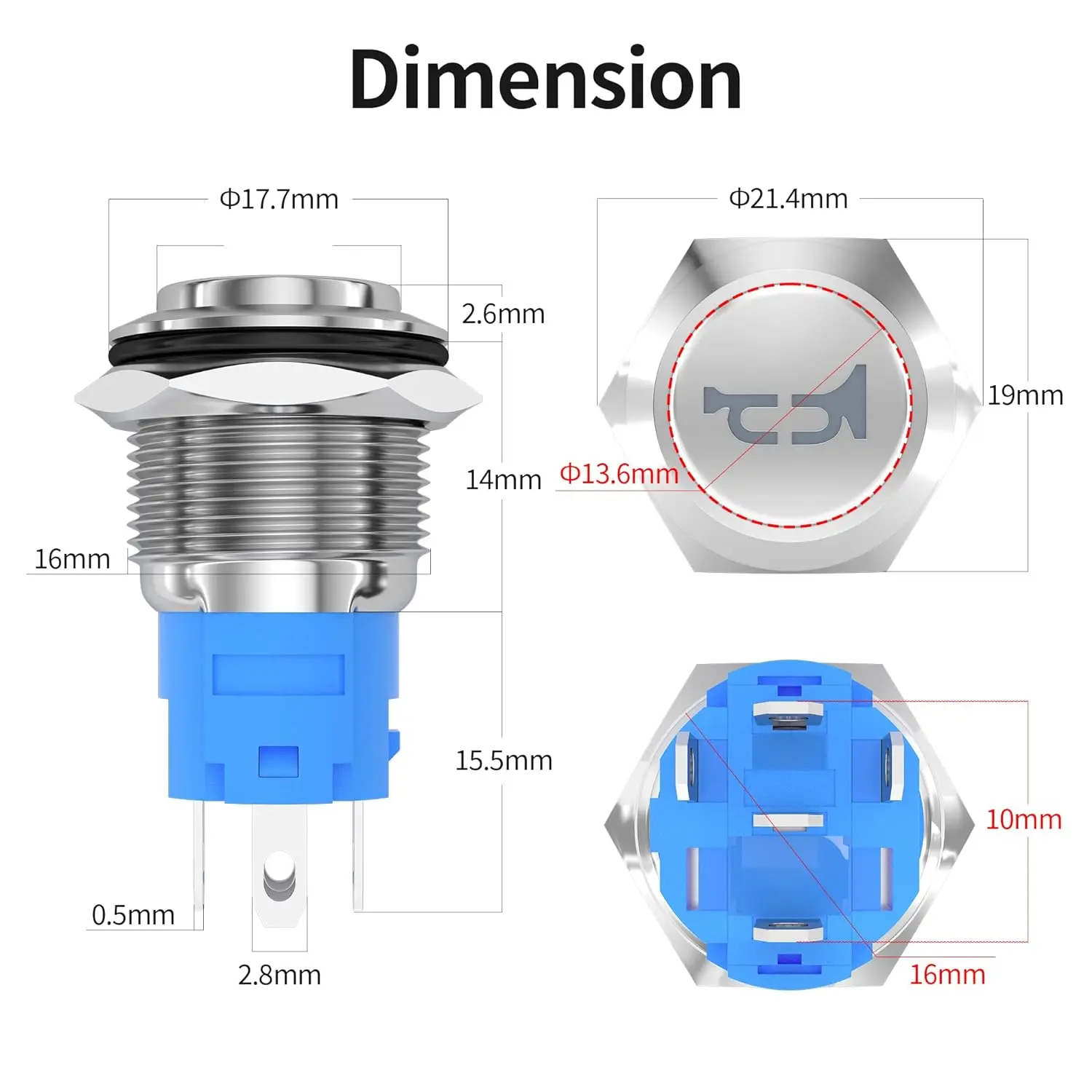 DaierTek Horn Button Switch 12V Momentary Push Button Switch Speaker LED Stainless Steel 16mm Metal Switch for Automotive Marine