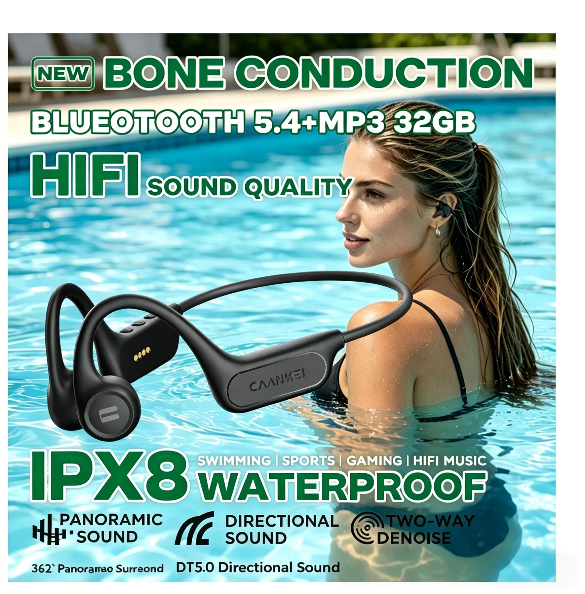 Bone Conduction Headphones Bluetooth 5.4 IPX8 Waterproof 32GB MP3 10H Playtime Open Ear for Swimming Running Fitness
