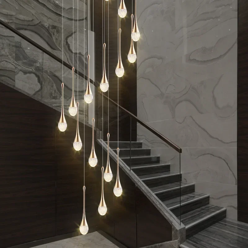 Modern simple stair chandelier crystal light luxury duplex building empty living room large villa rotating staircase