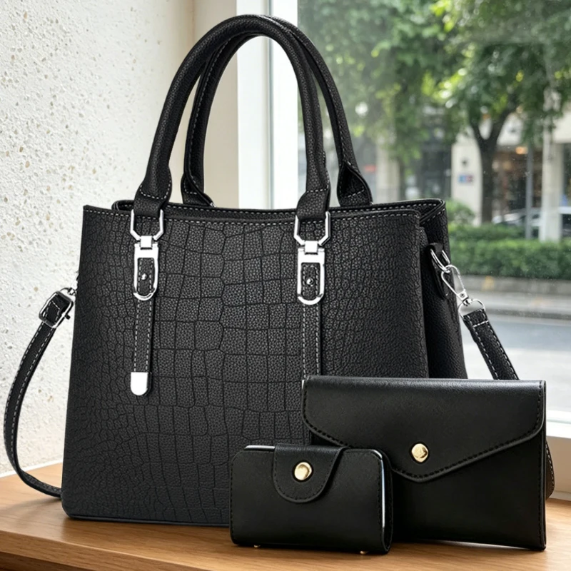 3-piece women's bag set with stone texture handbags, large-capacity shoulder bags featuring multi-layer interior compartments