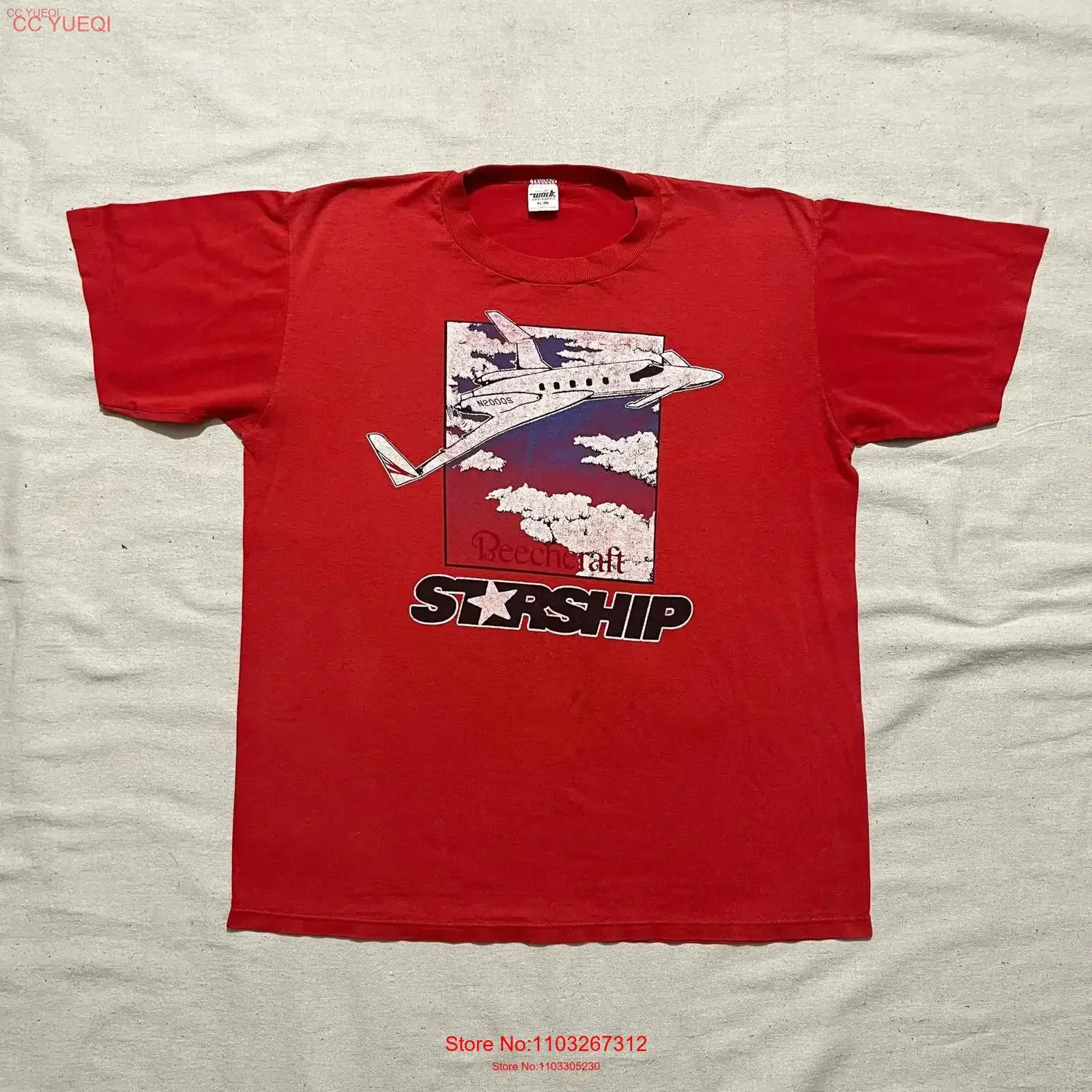 Vintage 80er Jahre Beechcraft Starship Aircraft Airplane Jet T-Shirt Rot XL Vintage Washed Fashion Lässig Atmungsaktiv Vielseitig Weich