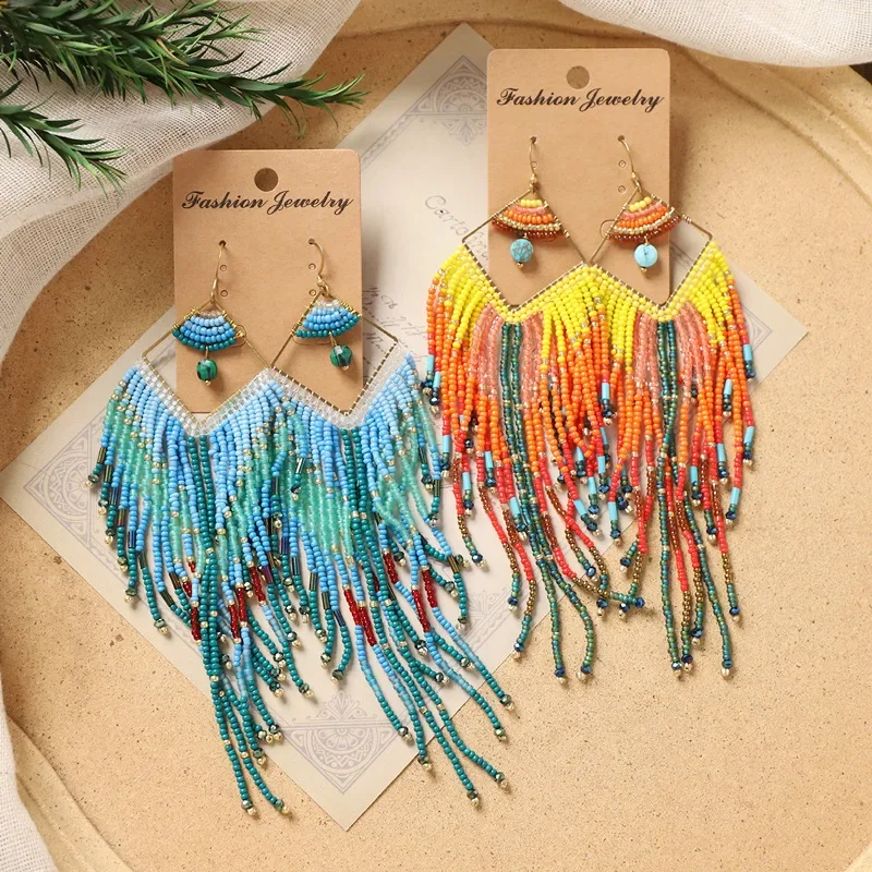 

2025 Handmade Bead Earring Tassel Gradient Pendant Geometry Hand Knitting Bohemia Beaded Earrings for Women