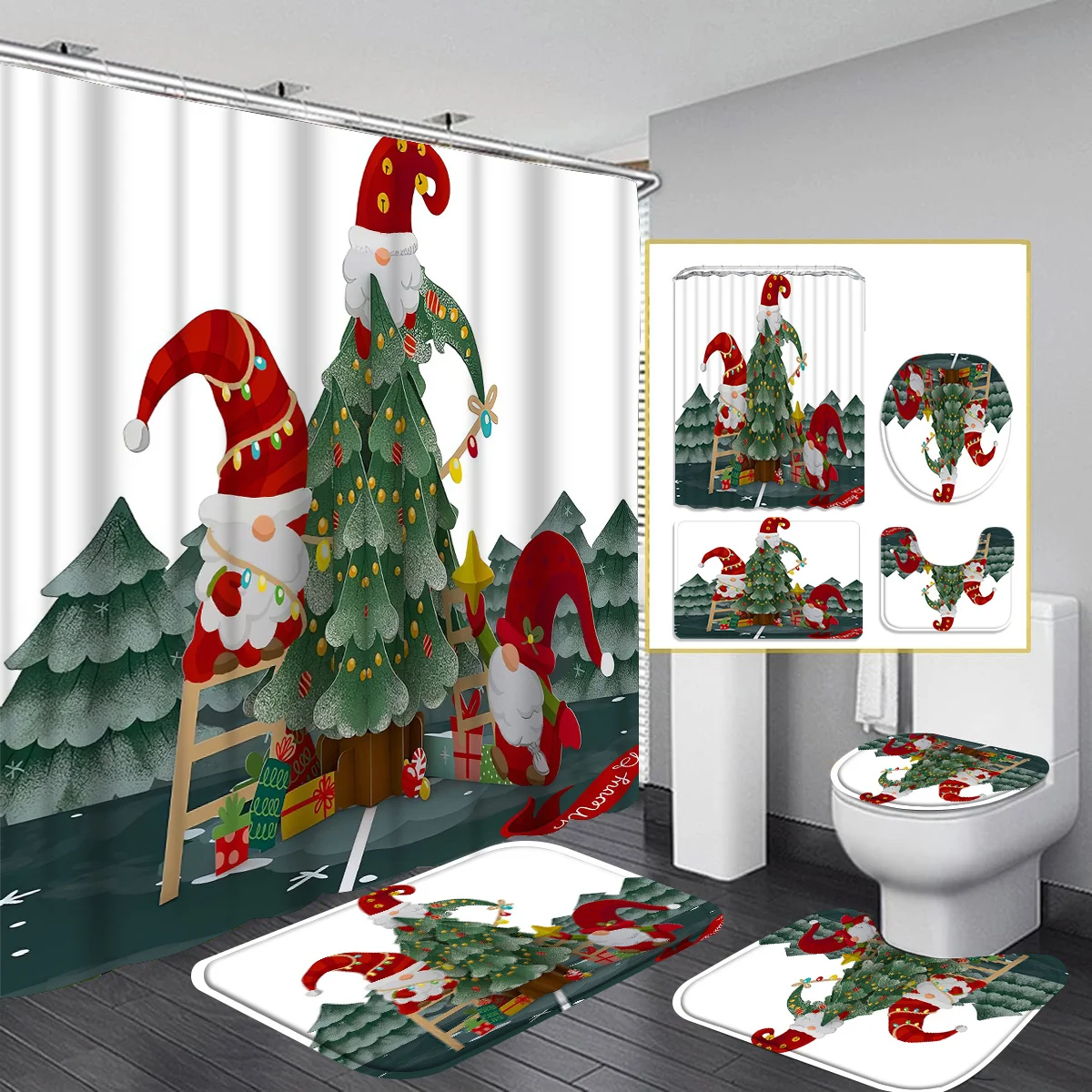 

Crooked neck Christmas tree 4pcs shower curtain Bathtub Curtain, Bathroom Partition Curtain with 12 Hooks, Non-slip Bath