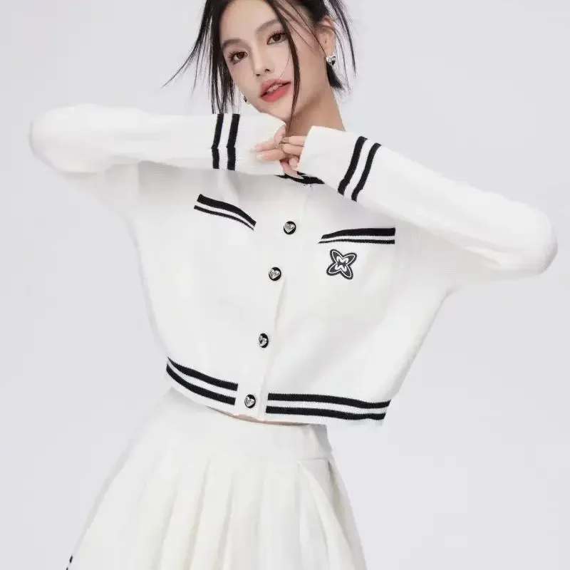 Women\'s Golf Clothing Black White Embroidery Jacket Skirts Suits Knitwear Sweater Two Piece Golf Clothes Tennis Golf Wear Set