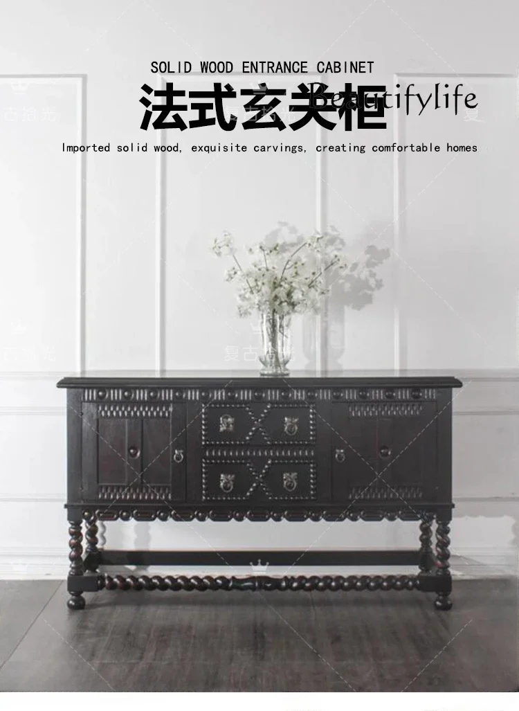 

French black solid wood carving flower entrance cabinet, living room against the wall storage and dining side cabinet