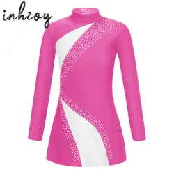 Kids Girl Long Sleeve Backless Rhinestone Skating Dance Dress Ballroom Gymnastics Workout Leotard Bodysuit Costumes Ballet Dress