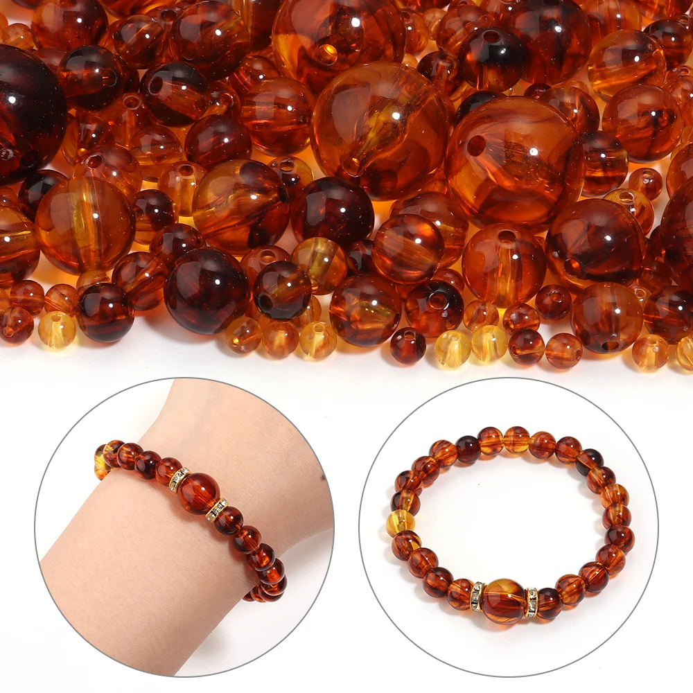10-200 pièces 6/8/10/12/14/16/20mm couleur ambre perles acryliques rondes pour la fabrication de bijoux perle espacée en vrac bricolage bracelet à breloques collier